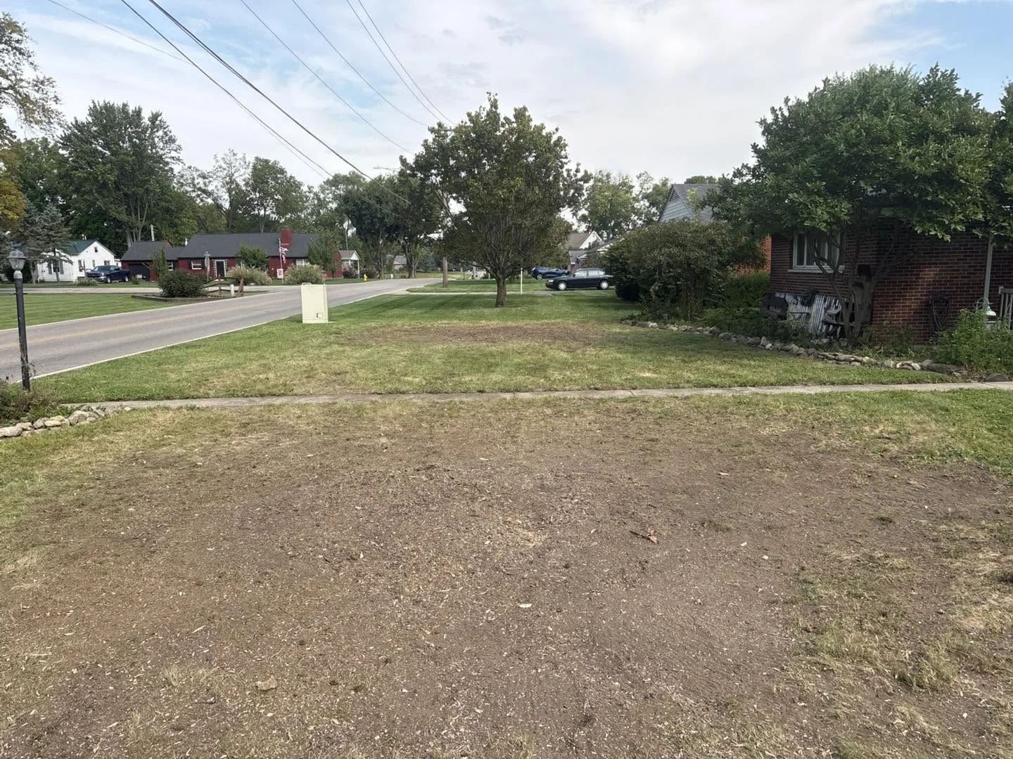 Front yard beside the sidewalk after grinding, with the stumps removed and the work areas cleared