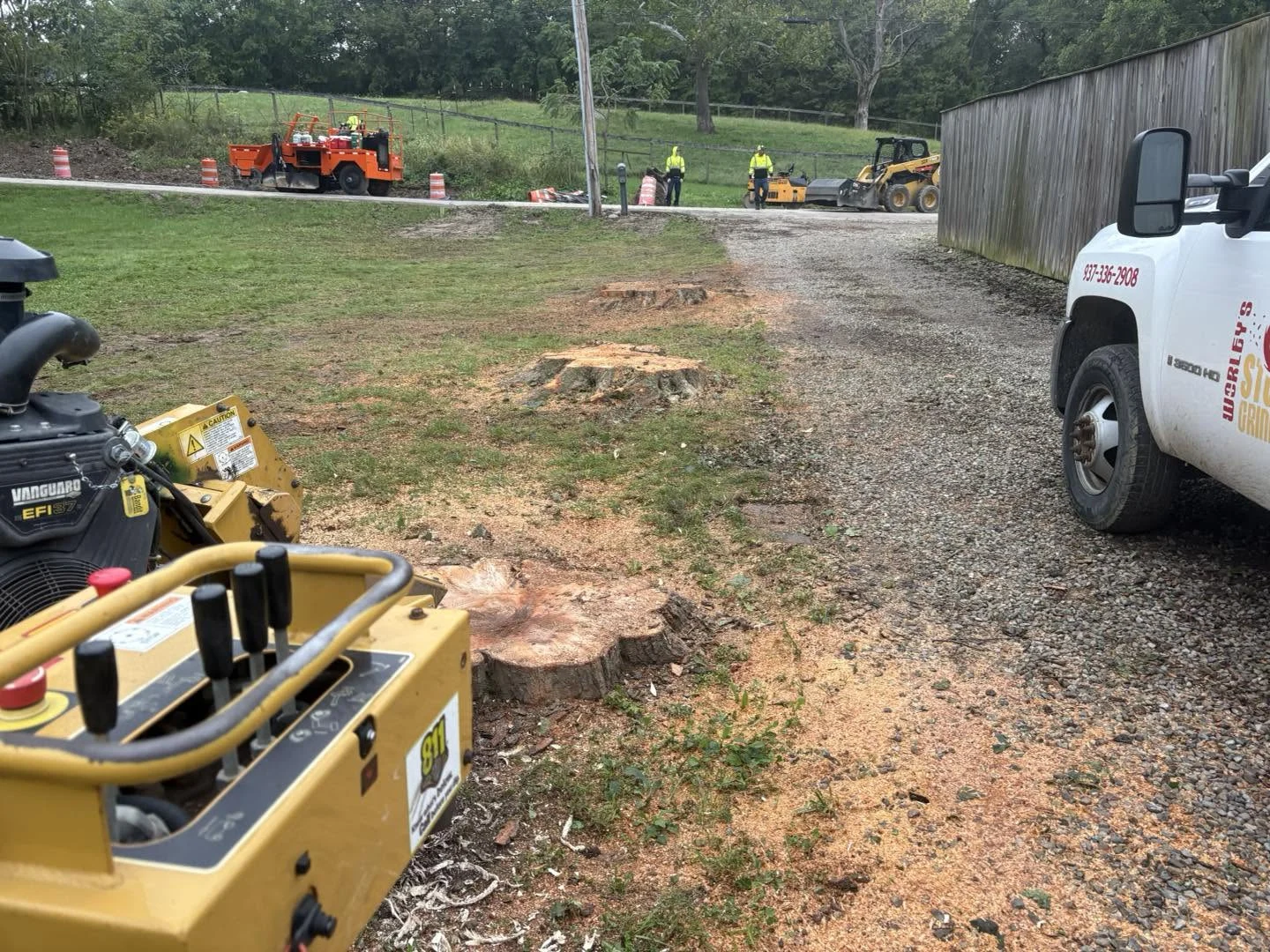 Several tree stumps along a gravel driveway with Worley's truck and stump grinder on site